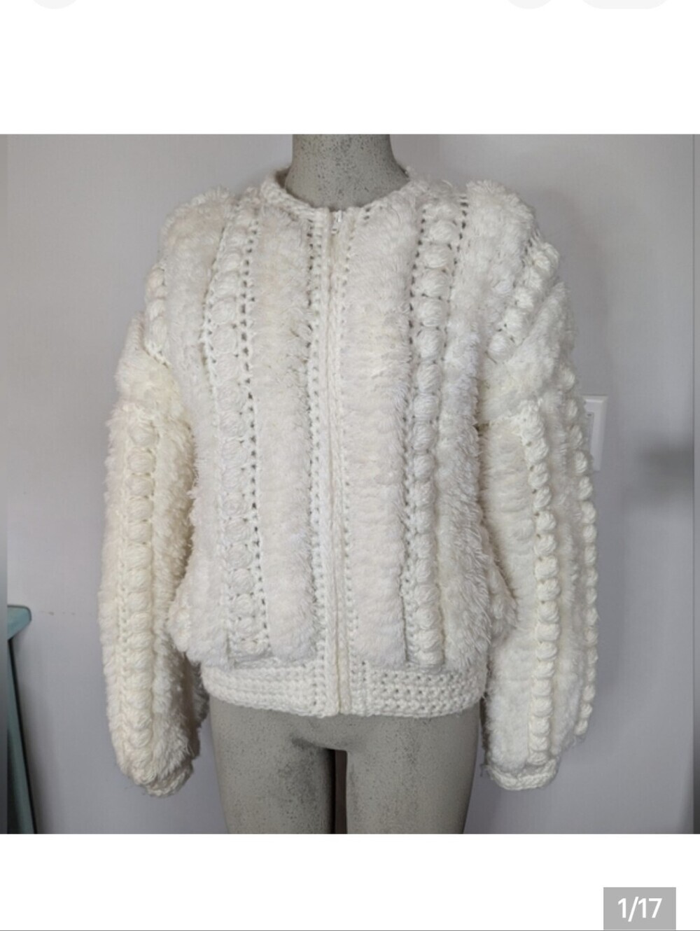 Vintage 70s popcorn knit Sweater Cardigan coat Ivory Coat Bohemian Size M
